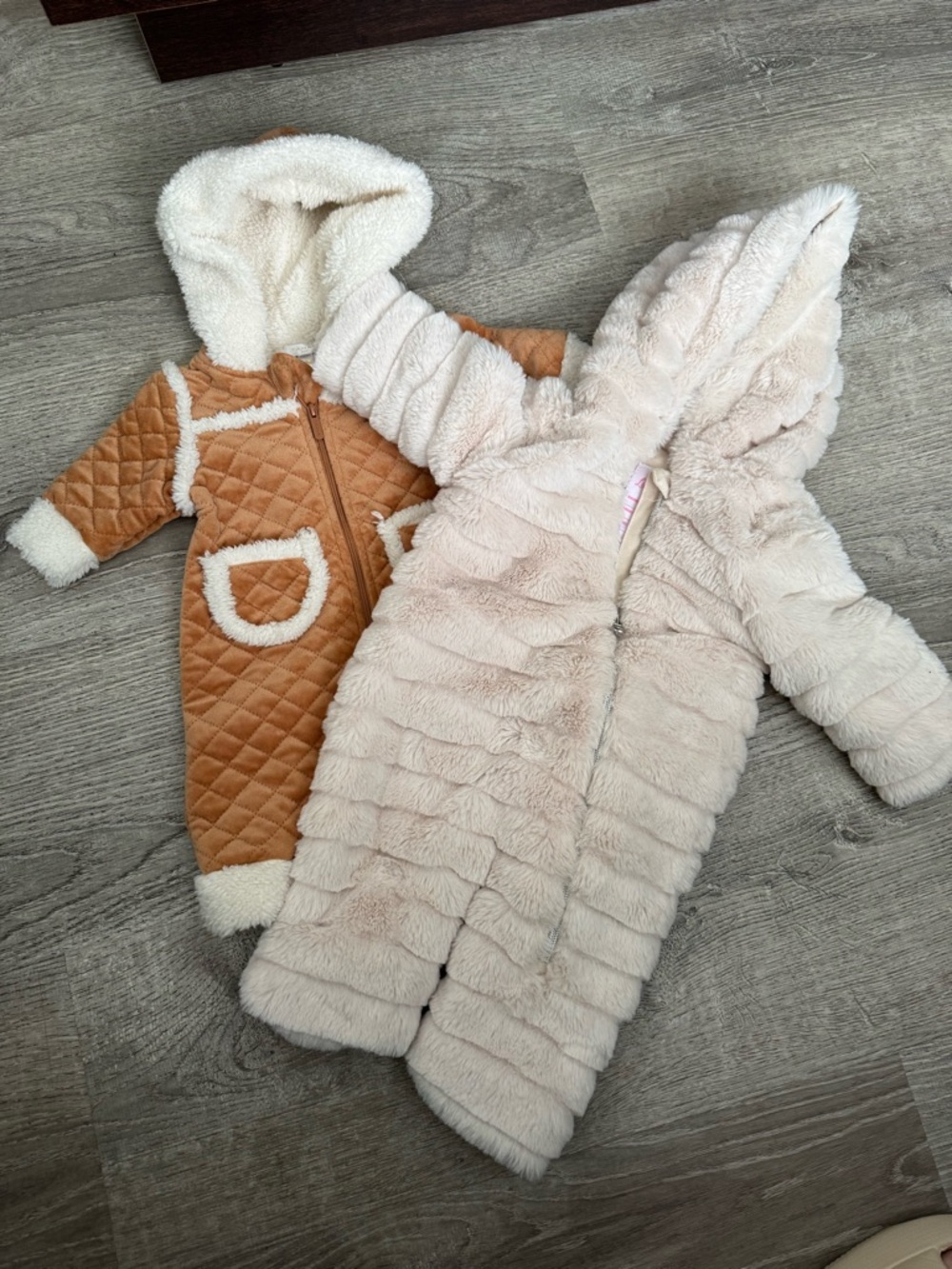 Kids Plush Hooded Faux Fur Snowsuit - Cream & Tan bundle